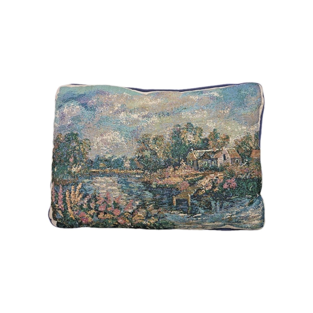 Vintage Tapestry Throw Pillow Impressionist Scene Floral Home Water Clouds 11x17